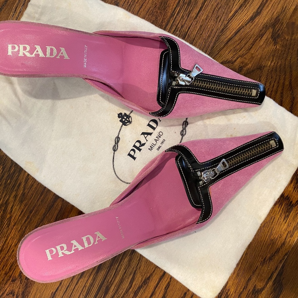 Prada pink suede mules